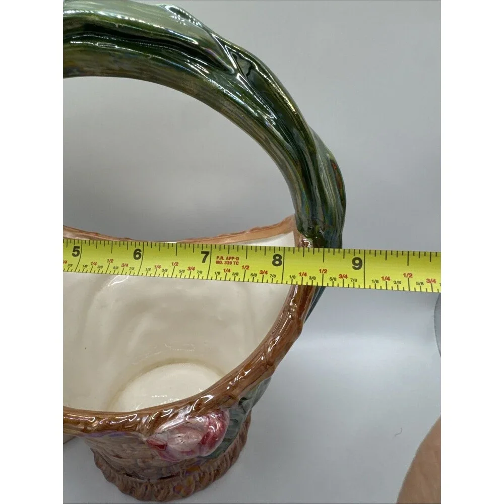 VINTAGE PEARLESCENT WHITE EASTER RABBIT FLOWERS CERAMIC BASKET /PLANT POT VASE
